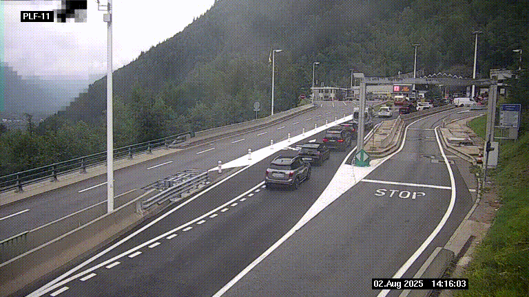 <h2>Caméra avant le péage du tunnel du Mont-Blanc, côté entrée France à Chamonix-Mont-Blanc, à la fin de la N205</h2>