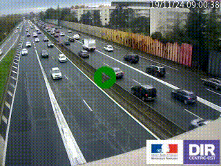 Webcam trafic au bout de l'A42, à la jonction avec le Boulevard Périphérique Nord de Lyon (D383) à Villeurbanne. Vue orientée vers Marseille