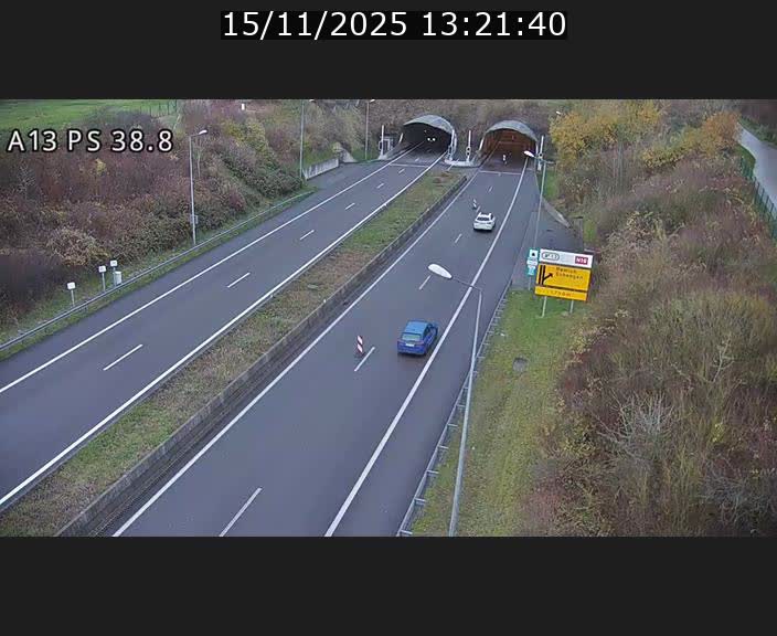 Webcam autoroute A13 à l'entrée ouest du tunnel Markusbierg à Schengen. Vue orientée vers Mondorf-les-Bains