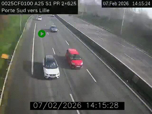 <h2>Webcam autoroute A25 sur le périphérique de Lille à hauteur de Lille-Sud et la sortie 3 Faches-Thumesnil. Vue orientée vers Lille-Centre.</h2>