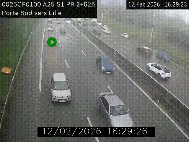 <h2>Webcam autoroute A25 sur le périphérique de Lille à hauteur de Lille-Sud et la sortie 3 Faches-Thumesnil. Vue orientée vers Lille-Centre.</h2>