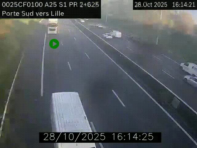 Webcam autoroute A25 sur le périphérique de Lille à hauteur de Lille-Sud et la sortie 3 Faches-Thumesnil. Vue orientée vers Lille-Centre.
