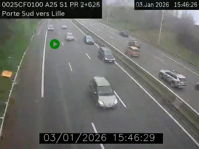 <h2>Webcam autoroute A25 sur le périphérique de Lille à hauteur de Lille-Sud et la sortie 3 Faches-Thumesnil. Vue orientée vers Lille-Centre.</h2>