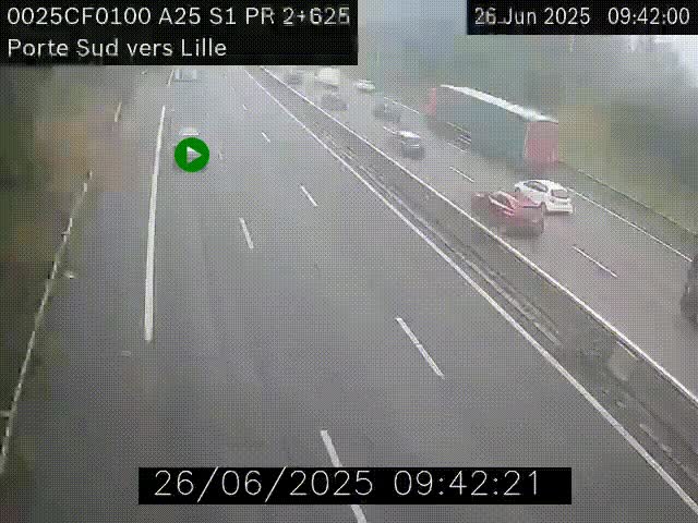 <h2>Webcam autoroute A25 sur le périphérique de Lille à hauteur de Lille-Sud et la sortie 3 Faches-Thumesnil. Vue orientée vers Lille-Centre.</h2>