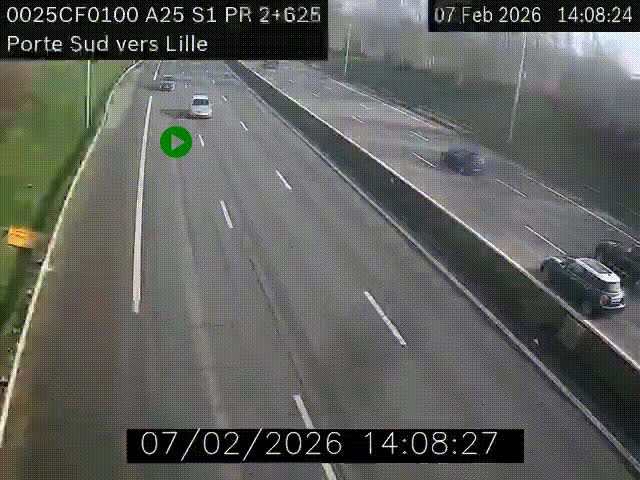 <h2>Webcam autoroute A25 sur le périphérique de Lille à hauteur de Lille-Sud et la sortie 3 Faches-Thumesnil. Vue orientée vers Lille-Centre.</h2>