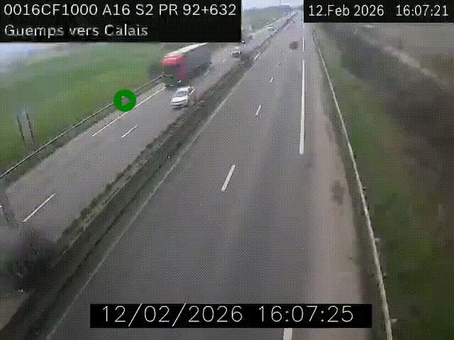 Webcam A16 juste après l'aire de repos d'Offekerque à Guemps. Vue orientée vers Calais