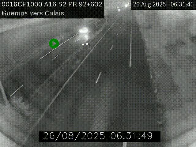 <h2>Webcam A16 juste après l'aire de repos d'Offekerque à Guemps. Vue orientée vers Calais</h2>