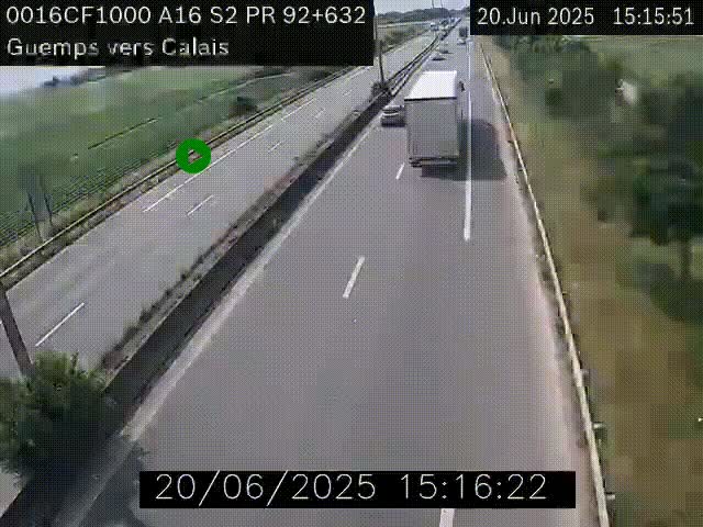 Webcam A16 juste après l'aire de repos d'Offekerque à Guemps. Vue orientée vers Calais