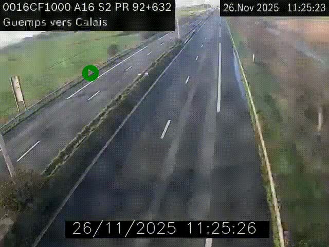 <h2>Webcam A16 juste après l'aire de repos d'Offekerque à Guemps. Vue orientée vers Calais</h2>