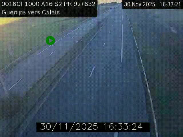 <h2>Webcam A16 juste après l'aire de repos d'Offekerque à Guemps. Vue orientée vers Calais</h2>