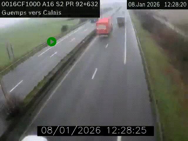 Webcam A16 juste après l'aire de repos d'Offekerque à Guemps. Vue orientée vers Calais
