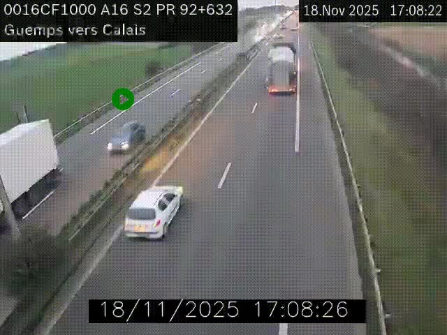<h2>Webcam A16 juste après l'aire de repos d'Offekerque à Guemps. Vue orientée vers Calais</h2>