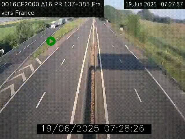 Webcam à la frontière franco-belge au niveau de Bray-Dunes/De-Panne sur l'autoroute A16. Vue orientée vers Calais