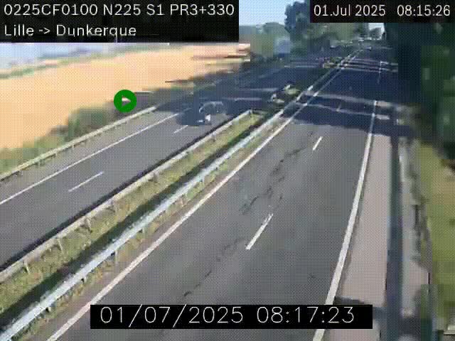 <h2>Webcam autoroute A25 (N225) à hauteur de Bergues (Bierne). Vue orientée vers Dunkerque.</h2>