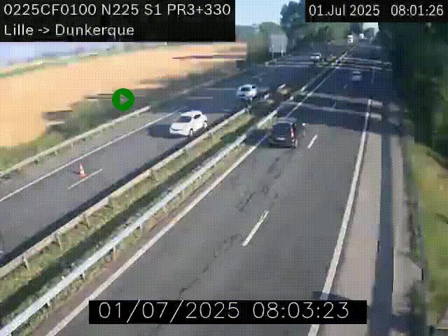 <h2>Webcam autoroute A25 (N225) à hauteur de Bergues (Bierne). Vue orientée vers Dunkerque.</h2>