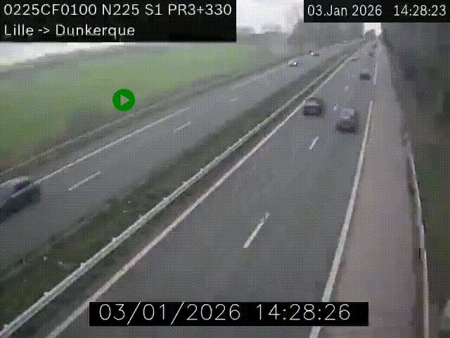 <h2>Webcam autoroute A25 (N225) à hauteur de Bergues (Bierne). Vue orientée vers Dunkerque.</h2>