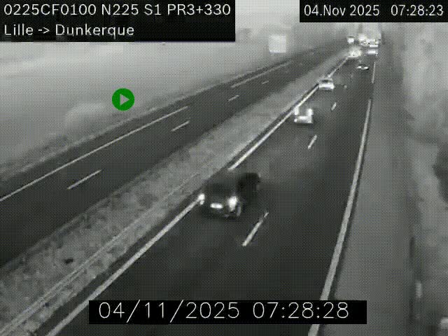 Webcam autoroute A25 (N225) à hauteur de Bergues (Bierne). Vue orientée vers Dunkerque.