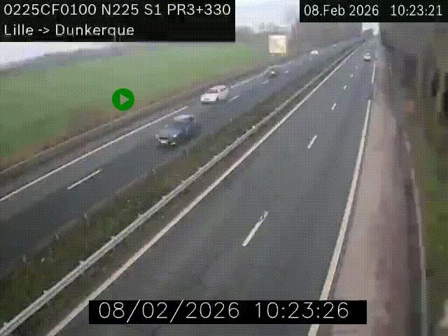 <h2>Webcam autoroute A25 (N225) à hauteur de Bergues (Bierne). Vue orientée vers Dunkerque.</h2>