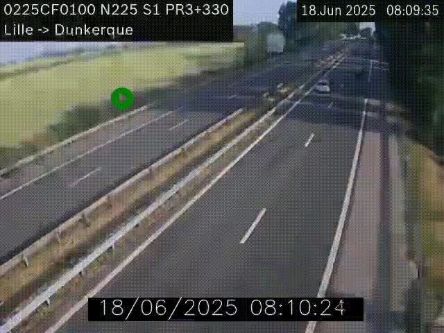 Webcam autoroute A25 (N225) à hauteur de Bergues (Bierne). Vue orientée vers Dunkerque.