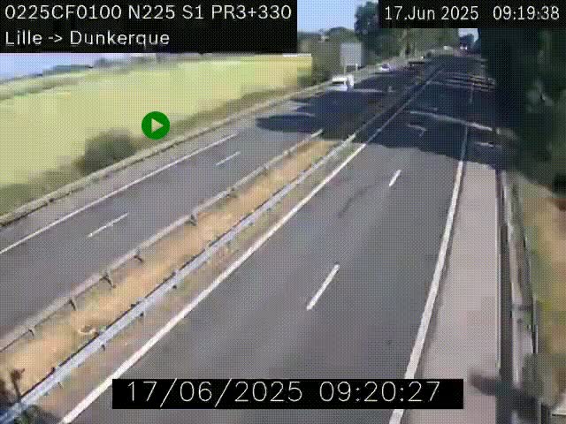 Webcam autoroute A25 (N225) à hauteur de Bergues (Bierne). Vue orientée vers Dunkerque.