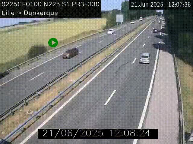 Webcam autoroute A25 (N225) à hauteur de Bergues (Bierne). Vue orientée vers Dunkerque.