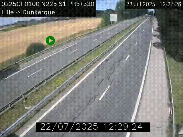 Webcam autoroute A25 (N225) à hauteur de Bergues (Bierne). Vue orientée vers Dunkerque.