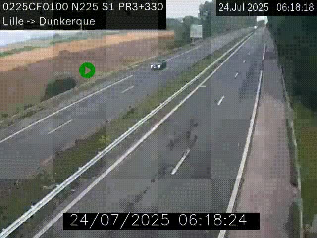 Webcam autoroute A25 (N225) à hauteur de Bergues (Bierne). Vue orientée vers Dunkerque.