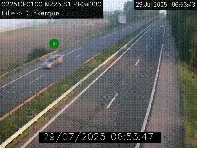 Webcam autoroute A25 (N225) à hauteur de Bergues (Bierne). Vue orientée vers Dunkerque.