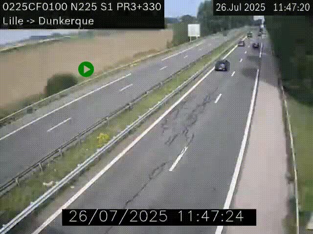 Webcam autoroute A25 (N225) à hauteur de Bergues (Bierne). Vue orientée vers Dunkerque.