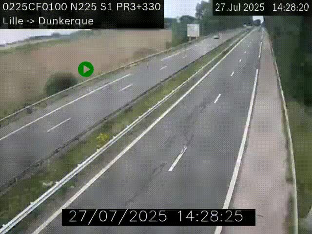 Webcam autoroute A25 (N225) à hauteur de Bergues (Bierne). Vue orientée vers Dunkerque.