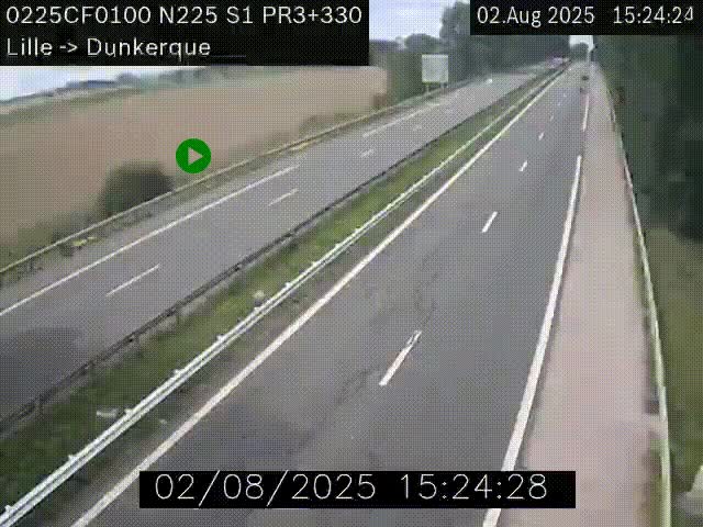 Webcam autoroute A25 (N225) à hauteur de Bergues (Bierne). Vue orientée vers Dunkerque.