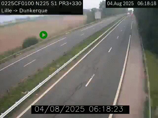 Webcam autoroute A25 (N225) à hauteur de Bergues (Bierne). Vue orientée vers Dunkerque.