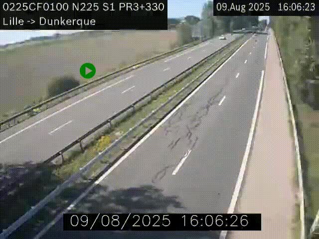 Webcam autoroute A25 (N225) à hauteur de Bergues (Bierne). Vue orientée vers Dunkerque.