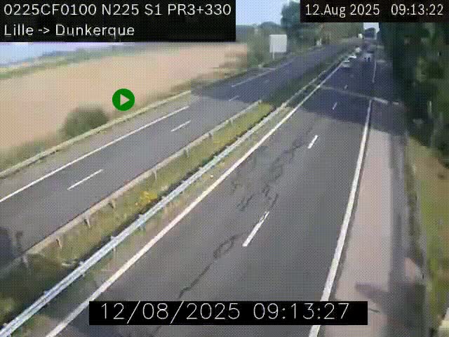 Webcam autoroute A25 (N225) à hauteur de Bergues (Bierne). Vue orientée vers Dunkerque.