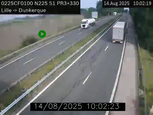 Webcam autoroute A25 (N225) à hauteur de Bergues (Bierne). Vue orientée vers Dunkerque.
