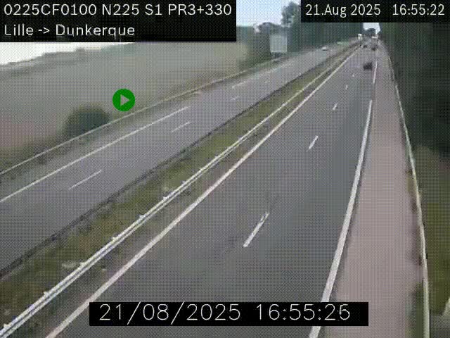 Webcam autoroute A25 (N225) à hauteur de Bergues (Bierne). Vue orientée vers Dunkerque.