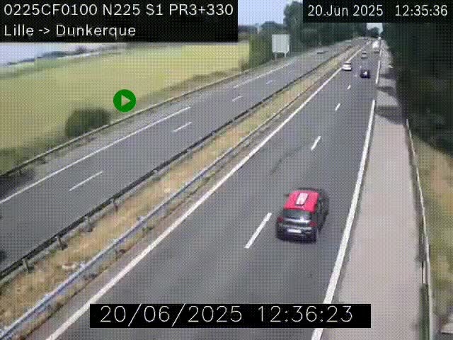 <h2>Webcam autoroute A25 (N225) à hauteur de Bergues (Bierne). Vue orientée vers Dunkerque.</h2>