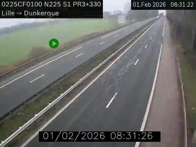 <h2>Webcam autoroute A25 (N225) à hauteur de Bergues (Bierne). Vue orientée vers Dunkerque.</h2>