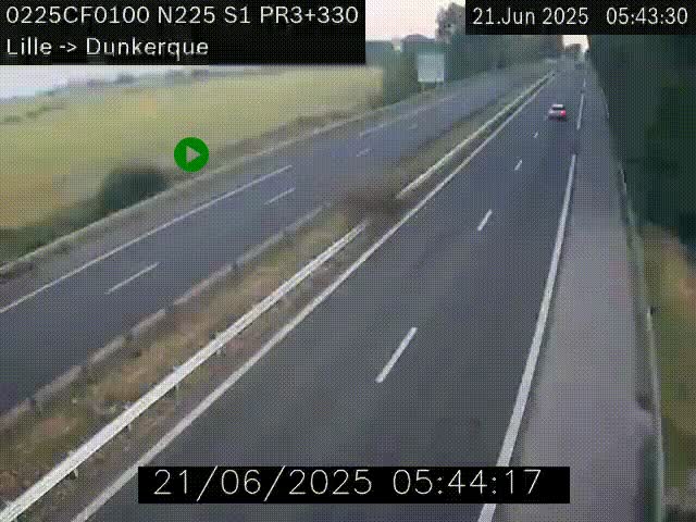 <h2>Webcam autoroute A25 (N225) à hauteur de Bergues (Bierne). Vue orientée vers Dunkerque.</h2>