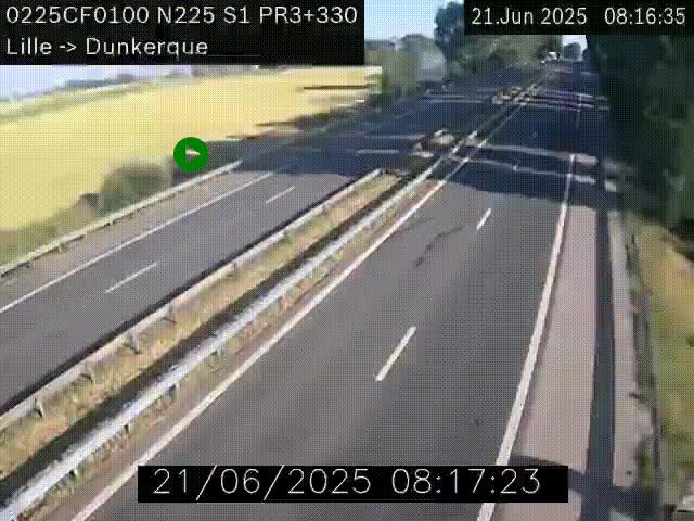 <h2>Webcam autoroute A25 (N225) à hauteur de Bergues (Bierne). Vue orientée vers Dunkerque.</h2>
