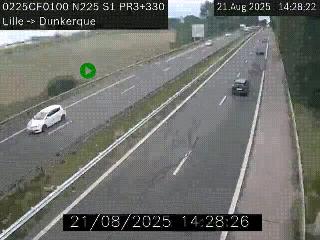 <h2>Webcam autoroute A25 (N225) à hauteur de Bergues (Bierne). Vue orientée vers Dunkerque.</h2>