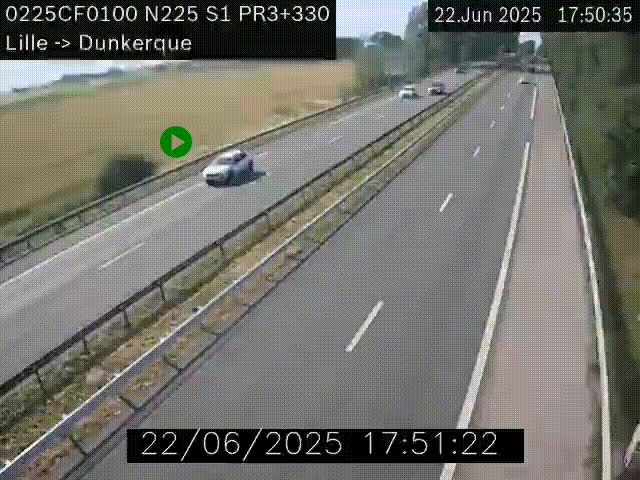 <h2>Webcam autoroute A25 (N225) à hauteur de Bergues (Bierne). Vue orientée vers Dunkerque.</h2>