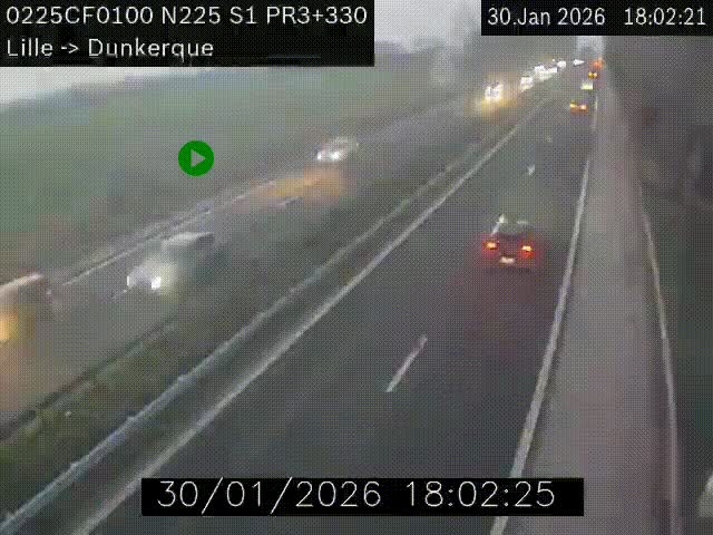 <h2>Webcam autoroute A25 (N225) à hauteur de Bergues (Bierne). Vue orientée vers Dunkerque.</h2>