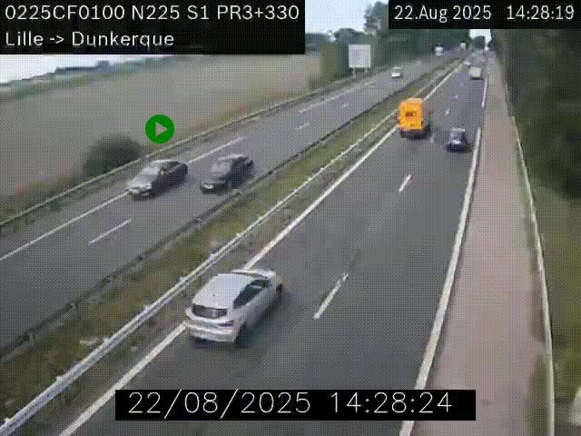 <h2>Webcam autoroute A25 (N225) à hauteur de Bergues (Bierne). Vue orientée vers Dunkerque.</h2>