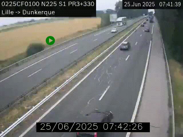 <h2>Webcam autoroute A25 (N225) à hauteur de Bergues (Bierne). Vue orientée vers Dunkerque.</h2>