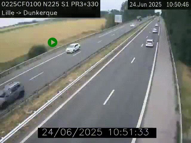 <h2>Webcam autoroute A25 (N225) à hauteur de Bergues (Bierne). Vue orientée vers Dunkerque.</h2>