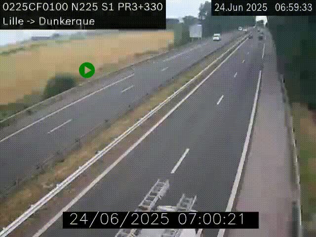 <h2>Webcam autoroute A25 (N225) à hauteur de Bergues (Bierne). Vue orientée vers Dunkerque.</h2>