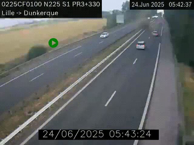 <h2>Webcam autoroute A25 (N225) à hauteur de Bergues (Bierne). Vue orientée vers Dunkerque.</h2>