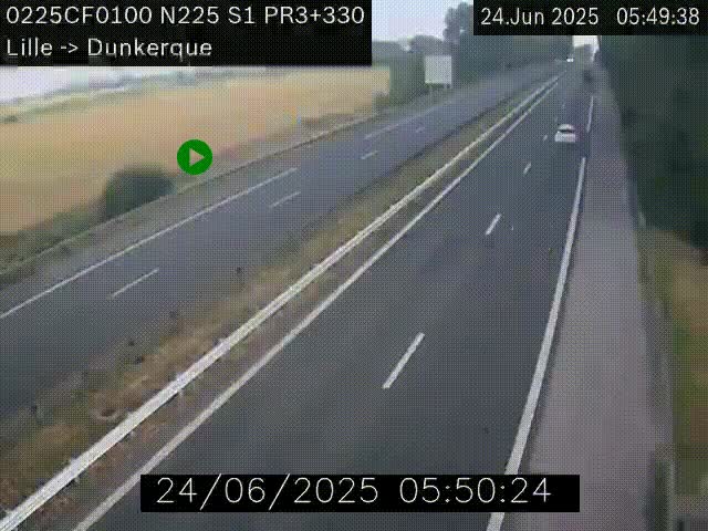 <h2>Webcam autoroute A25 (N225) à hauteur de Bergues (Bierne). Vue orientée vers Dunkerque.</h2>