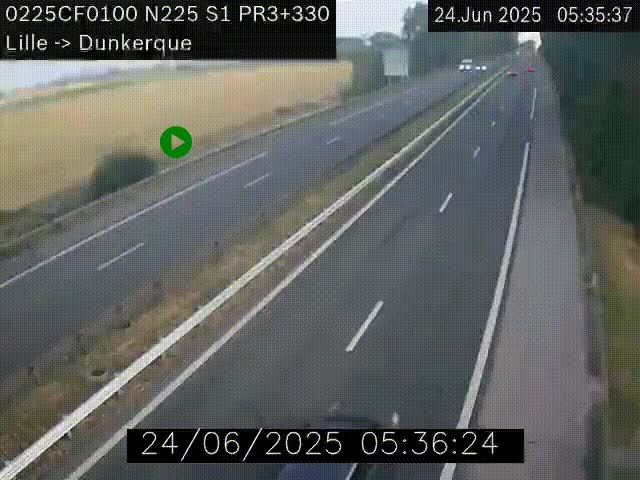 <h2>Webcam autoroute A25 (N225) à hauteur de Bergues (Bierne). Vue orientée vers Dunkerque.</h2>